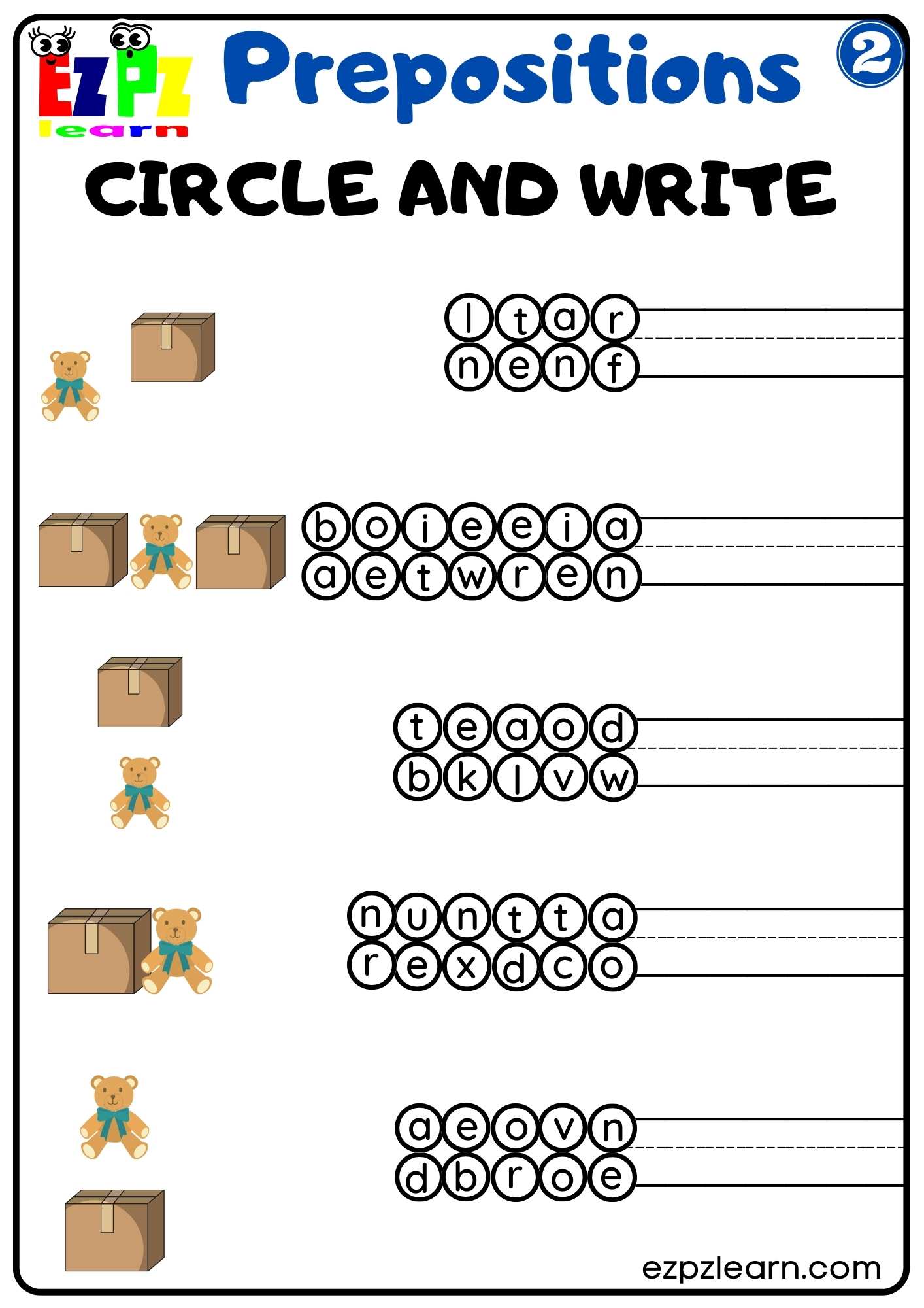Prepositions of Place Circle and Write Worksheet for Kindergarten and ESL Students G2